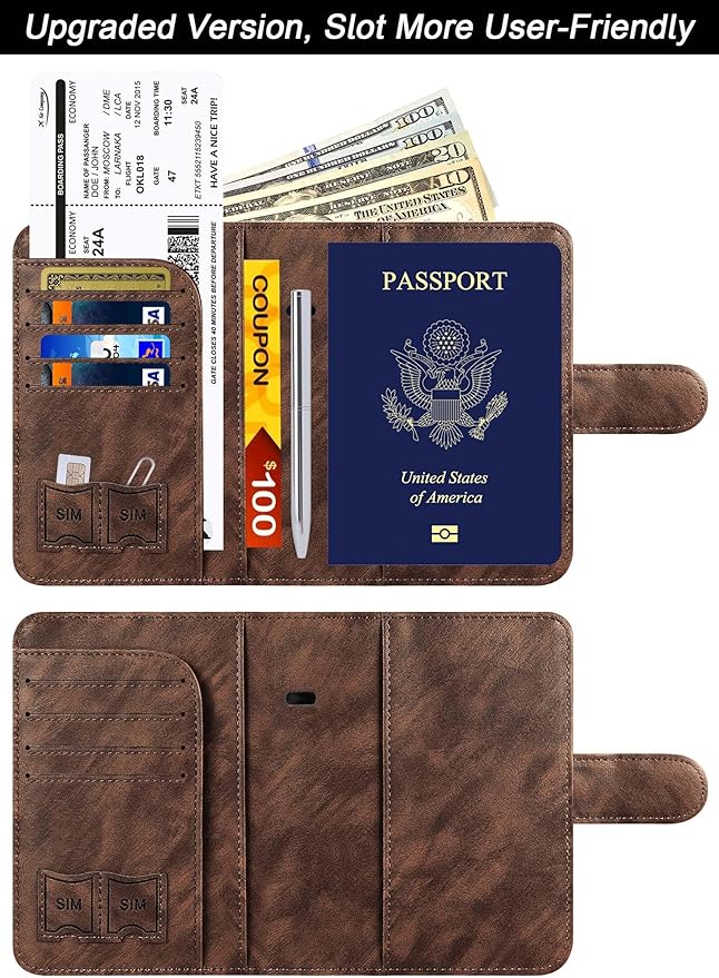 Passport Holder Cover Wallet Travel Essentials Leather Rfid Blocking Case Vacation Luggage Must Haves Travel Accessories for Men Women (120#Coffee)