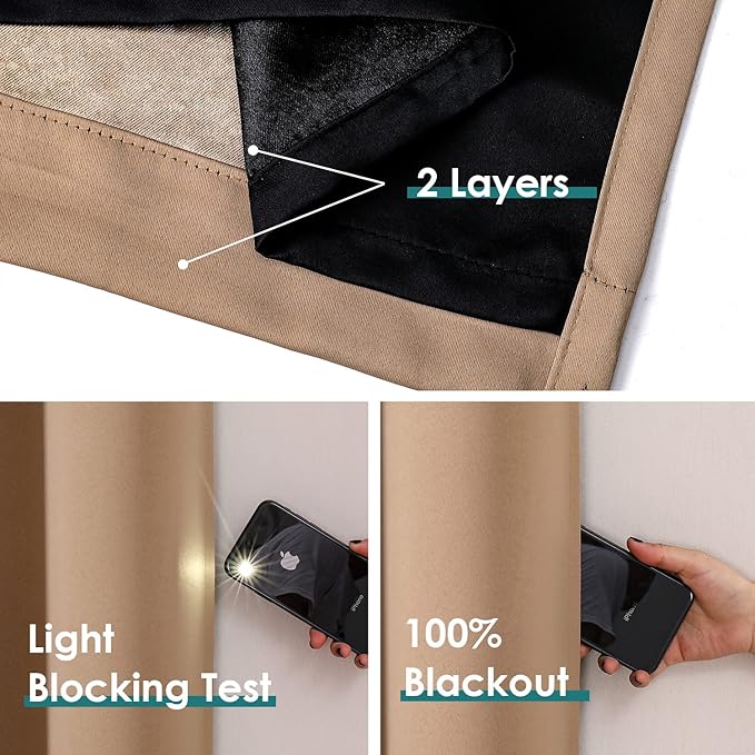 ChrisDowa 100% Blackout Curtains 108 inch Long for Bedroom with Black Liner, 2 Thick Layers Total Blackout Thermal Insulated Grommet Window Curtains 2 Panels Set (Cappuccino, 52 x 108 Inch)