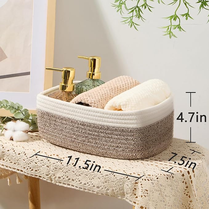 Small Storage Baskets for Organizing | Closet Organizer Bins | Shelf Toy Basket | Woven Rope Baskets | Cube Decorative Box | Shallow Basket | 11.5x7.5x4.7” | 4 Packs White Brown