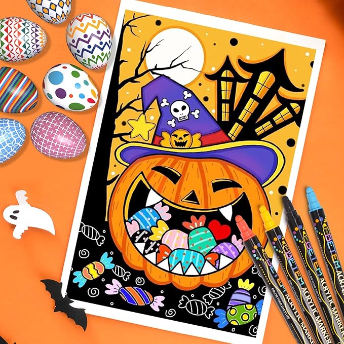 Betem 60 Colors Dual Tip Acrylic Paint Pens Markers, Premium Acrylic Paint Pens for Halloween Decorations, Wood, Canvas, Stone, Rock Painting, Glass, Ceramic Surfaces, Pumpkin Painting Kit DIY Crafts