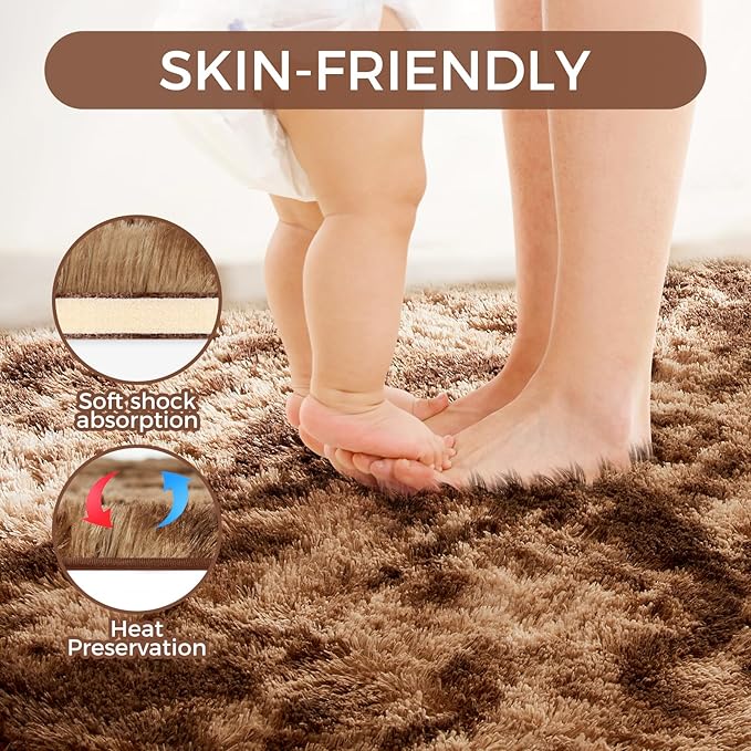 Ultra Soft Rug for Living Room, 8X10 Tie-Dyed Coffee Fluffy Shag Area Rug for Bedroom, Modern Shaggy Carpets Fuzzy Rug for Teens Dorm Nursery Home Decor Aesthetic, Upgrade Anti-Skid Durable