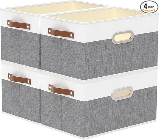 Yawinhe Fabric Storage Bins with Handles, Foldable Baskets for Shelves, Cubes with 3 Handles, Large Boxes for Clothes, White/Grey, 16.9''Lx11.8''Wx10.2''H, 4-Pack