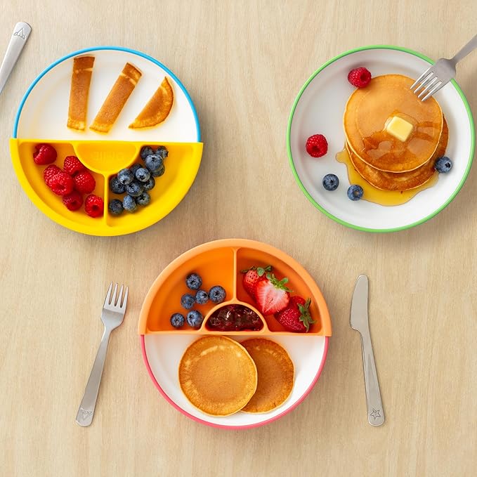 Omie® Easy Scoop Plates for Kids | Unique Design Helps Food Fall into the Spoon, Not on the Table | Made from Plants | 3 Plates + 2 Silicone Dividers | Pink