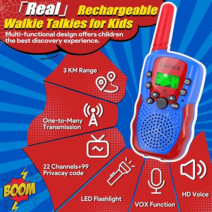 Vvinca Walkie Talkies for Kids Rechargeable, Spider Toys for Ages 3 4 5 6 7 8 9 10 Boys Girls Christmas Birthday Gifts for 3-12 Year Old, 2 Way Radio 22 CH VOX Long Range Walkie Talkie with Flashlight