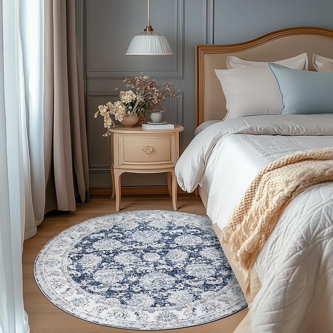 jinchan Round Rug 5ft Area Rugs Vintage Floral Distressed Design - Machine Washable Non-Slip Low-Pile Ultra-Thin Circle Rug for Entryway Bedside Living Room Dining Room Bedroom (5' Round,Dark Blue)