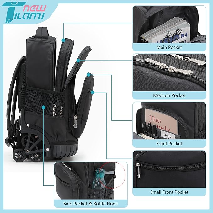 NEW TILAMI 18 inch Rolling Backpack for Kids - Waterproof, Stair-Climbing, Durable, Personalized Design for School, Travel, Black