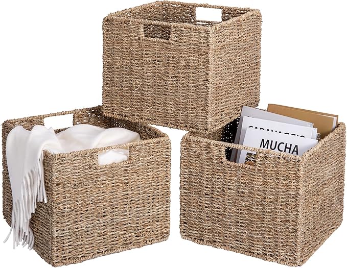 12x12x10in Seagrass Storage Baskets Set of 4, Large Wicker Storage Basket, Decorative Seagrass Shelf Basket, Pantry Baskets Organization,Folding Storage Cube Bins