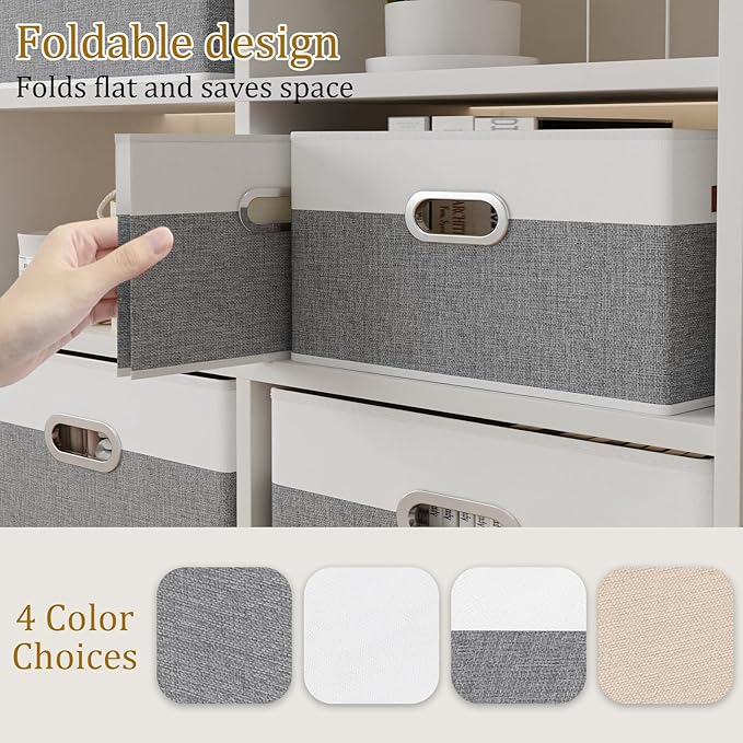 Yawinhe Foldable Storage Baskets for Shelves, Fabric Closet Organizers, Bins with 3 Handles, Cubes for Clothes, White/Grey, 15''Lx9.8''Wx8.3''H, 4-Pack