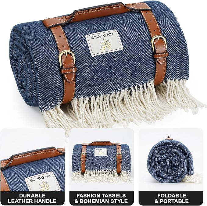 Waterproof Picnic Blankets- Extra Large Outdoor Blanket Foldable, Beach Blanket with PU Handles, Sandproof Picnic Mat for Hiking, Camping, Lawn, Park, Grass. Blue