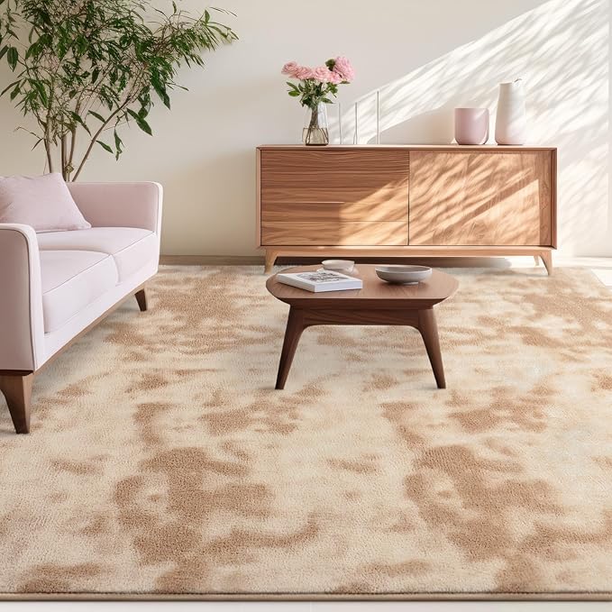 Kimicole 6x9 Washable Area Rugs for Living Room Bedroom, Large Low Pile Ulta-Thin Solid Color Rug, Non-Slip Soft Fluffy Carpet for Nursery Kids Room Dorm Room Home Decor (Light Tan)