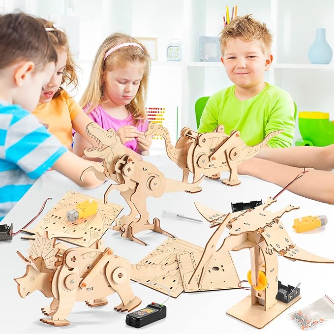 Dinosaur STEM Kits for Kids Ages 6-8-10-12, 4 in 1 Wood Building Toys for Boys Age 8-12, Build It Yourself Woodworking Kit, DIY 3D Wooden Puzzles Model Science Crafts for Kids, Stem Projects