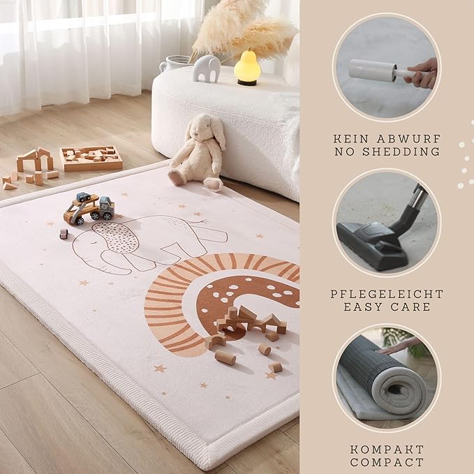 Stylish Coral Baby Play Mat for Floor 47" x 67" Rainbow Elephant – Soft 1" Thick High-Density Memory Foam Nursery Rug,Kids Rug with Non-Slip Backing for Crawling & Playing, Playroom Rug, Kids Carpet