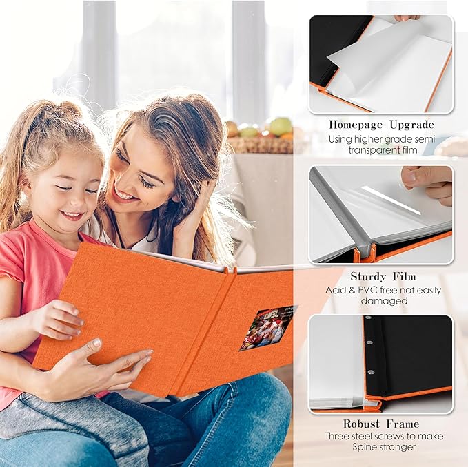 Spbapr Large Photo Album Self Adhesive 4x6 5x7 8x10 10x12 Pictures Magnetic Scrapbook 40 Blank Pages Linen Cover DIY Album with A Metal Pen Orange