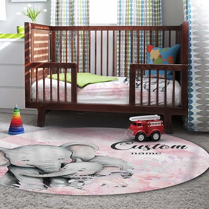 Personalized Baby Crib Bedding Set for Baby Girls, Pink Elephant Design Custom Name Baby Crib Sets 5-Pcs, Toddler Double Layer Blanket Fitted Sheets Changing Pad Cover Rug Wall Art Set