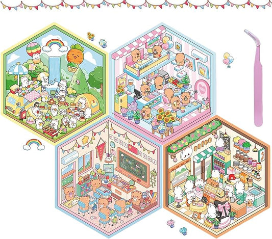 4 Sets DIY 3D House Stickers,Make Your Own Warm Home,Fun Cute Cartoon Stickers Scene Make Your Own Mini Room Scenes Miniature Supermarket for Relief Stress Pass The Time