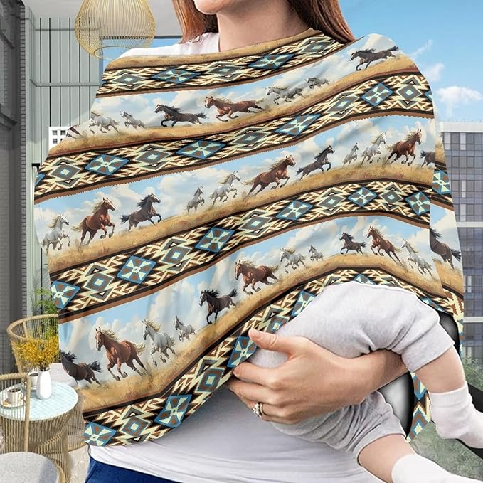 Binienty Car Seat Covers Canopy Cover for Babies, Western Aztec Horse Nursing Carseat Canopy Multifunction Breastfeeding Covers Fits Stroller, High Chair, Shopping Cart