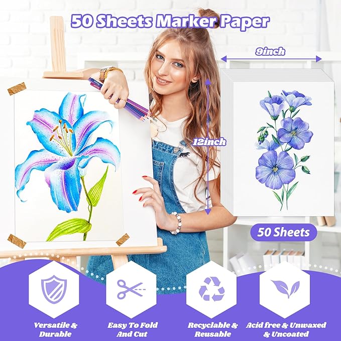Marker Paper 9" x 12", 50 Sheets 73lb/120gsm Alcohol Marker Paper, Smooth Painting Coloring Loose Drawing Paper, Art Supplies for Kids Adults Teacher Marker Pad Sketchbook, Classroom Must Have