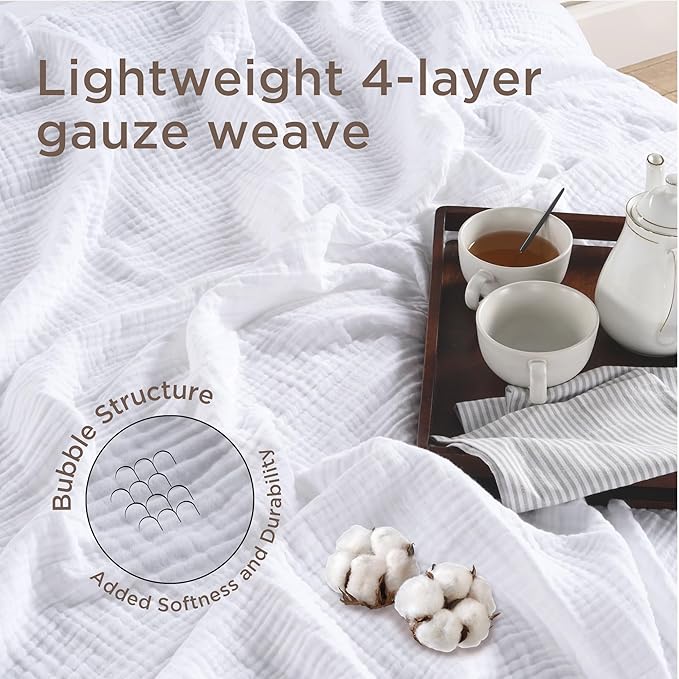 Threadmill Summer Queen Size Blanket| 4 Layer Cotton Gauze | Lightweight, Breathable, and Cozy for All Seasons | Versatile Muslin Blanket for Couch, Bed | White