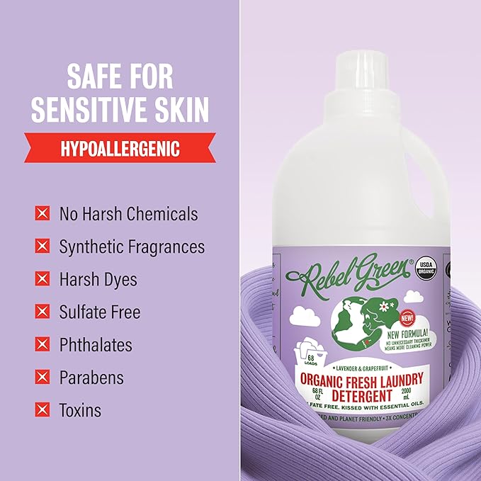 Rebel Green Organic Laundry Detergent - Natural Laundry Soap - Liquid Laundry Detergent with Dispenser Cup - Gentle Laundry Detergent - Fresh Lavender & Grapefruit Scent - 68 Load Bottles, 2 Pack