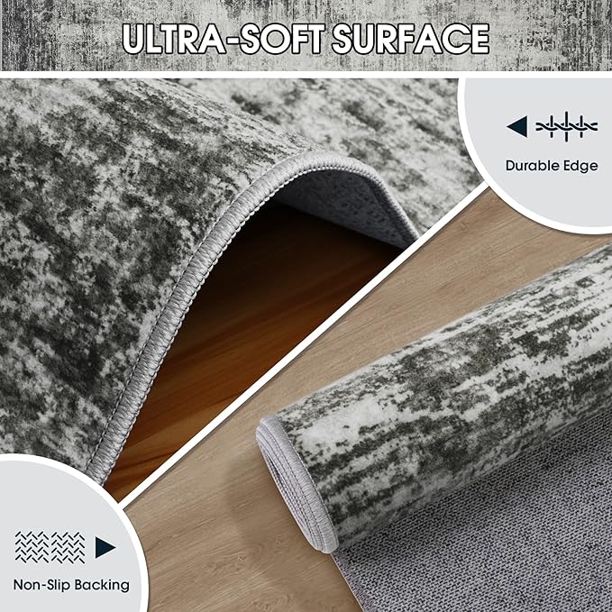 Washable Rug 6x9 Area Rugs, Abstract Washable Rugs with Non-Slip Backing, Stain Resistant Indoor Floor Carpet for Bedroom Dining Room Table Nursery Hallway Home Office-Black/Gray