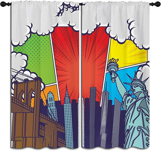 City Rod Pocket Blackout Curtains for Boy Girl Bedroom, Pop Art Style New York Cityscape Home Energy Efficient Light Filtering Window Curtain for Living Room, 84x84 inch