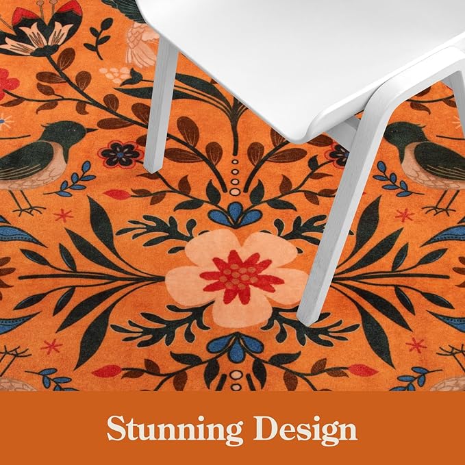 Moynesa Washable Rugs 8x10, Ultra Thin Boho Bird Living Room Area Rug Stain Resistance, Indoor Soft Orange Floral Large Easy Clean Carpet for Bedroom Dining Room Under Table Kid Playroom