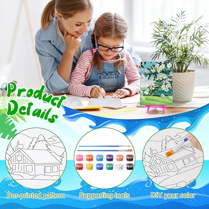 Blosssound 10 Set Pre Printed Canvas Pre Drawn Canvas Painting with Easel Kits 5" x 7" Outline Painting Panels for Beginners, DIY Craft Project, Party Favor, Home Decors(Four Seasons)