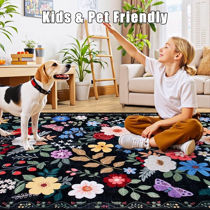 Area Rugs 9x12 Living Room: Floral Washable Rug Vintage Large Soft Boho Non-Slip Carpet Indoor Floor Stain Resistant Low Pile Carpets for Bedroom Dining Room Farmhouse Nursery Home Office Black