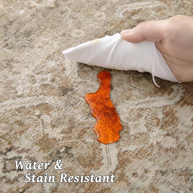 Washable 6x9 Area Rugs for Living Room, Boho Non-Slip Silicone Backing Large Rugs for Bedroom Dining Room Nursery Office, 0.3" Neutral Oriental Throw Carpet with 0.16" Cushioning Pad, Brown/Multi