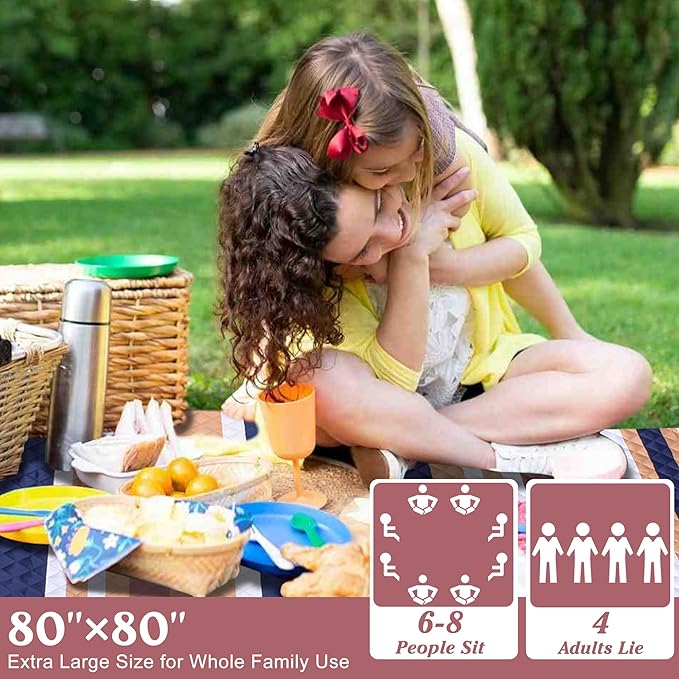 Waterproof Picnic Blanket 80" x 80" in Portable with Carry Strap for Beach Mat or Family Outdoor Camping Party, Park Blanket for Grass Park, Hiking, Travel, Concerts (Brown&Orange, 80" x 80")