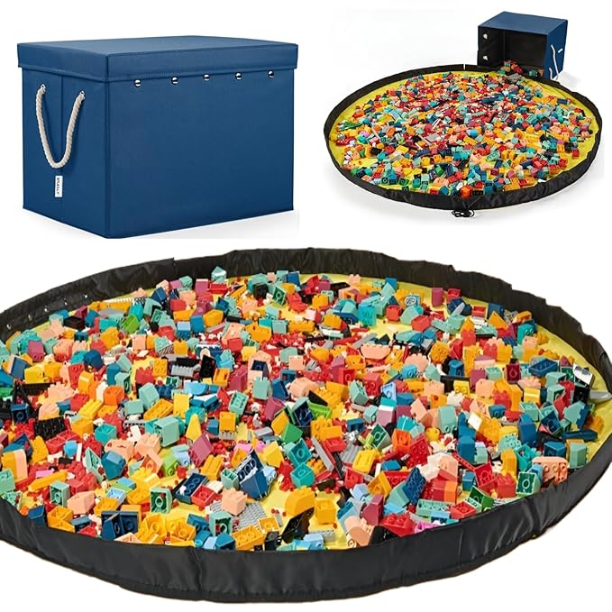 Kids Toy Box Chest Storage with Lid and Big Play Mat for Boys and Girls,Collapsible Fabric Toy Building Bricks Storage Container Organizer Bin with Rug for Playroom and Nursery Organization