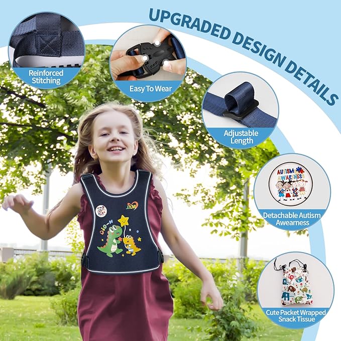 2025 New Safety Walking Harness for Big Kids (6-12yrs) with Autism Special Needs ADHD, Anti-Elopement Vest Harness with Grab Handle and Light Reflector, Adjustable Leash for Autistic, Active Child