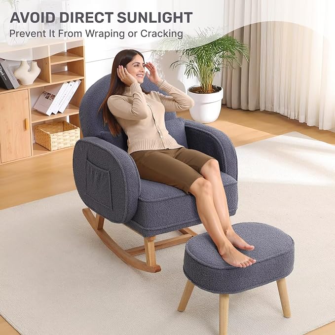 Nursery Rocking Chair with Ottoman, Upholstered Glider Rocker with High Backrest and Side Pocket, Rocking Accent Armchair with Solid Wood Legs for Nursery, Living Room, Bedroom Dark Grey