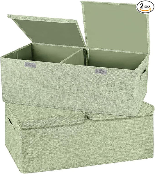 2 Pack Storage Boxes with Lids and Handles, Collapsible Linen Storage Bins Organizer Containers Baskets Cube with Removable Divider for Home Bedroom Closet Office (Green, Small)