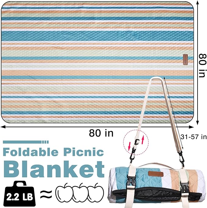 Waterproof Picnic Blanket 80" x 80" in Portable with Carry Strap for Beach Mat or Family Outdoor Camping Party, Park Blanket for Grass Park, Hiking, Travel, Concerts (Crystal Blue & Orange, 80" x 80")