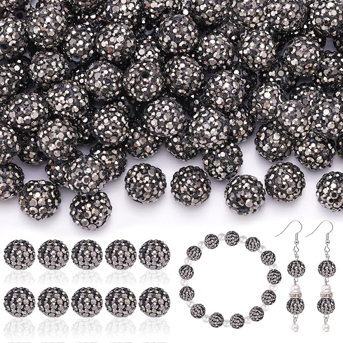 200pcs 10mm Rhinestone Beads for Jewelry Making, Hematite Shiny Round Disco Ball Beads Bulk, Sparkle Crystal Clay Christmas for Bracelet Baseball Necklace Earring Crafting and DIY