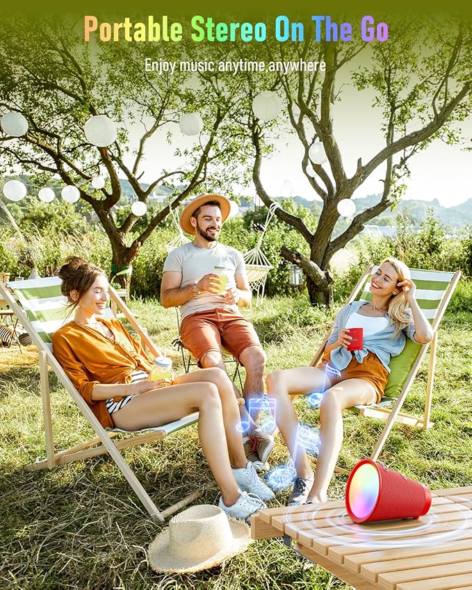 Portable Bluetooth Speaker Wireless with 9 Color Lights, 20H Playtime, Stereo Pairing, Deep Bass, IPX6 Waterproof, Bluetooth 5.3, Small Speaker for Home, Party, Outdoor, Camping, Beach, Gift