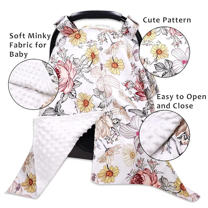 Floral Baby Car Seat Canopy Soft Plush Dotted Backing Baby Car Seat Cover Girls, Infant Carseat Canopy, Stretchy Multi- use Nursing Cover for Stroller/High Chair/Shopping Cart/Car Seat Canopies