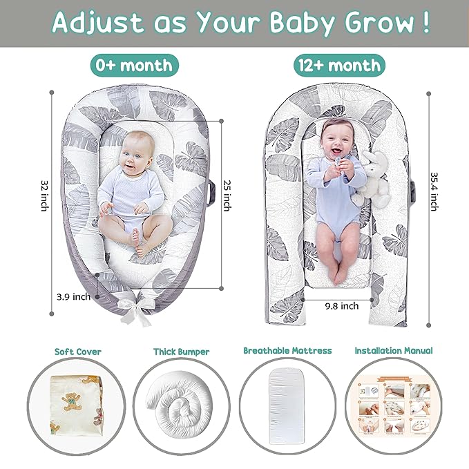 Baby Lounger - Baby Lounger for Newborn 0-24 Months, Breathable, Soft Cotton Baby Nest, Portable Infant Lounger for Home & Travel, Newborn Essentials Gift (Grey Leaf)