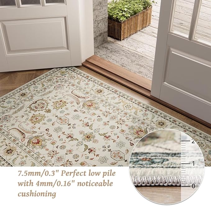 Washable 5x7 Area Rugs for Living Room, Boho Non-Slip Silicone Backing Rugs for Bedroom Dining Room Nursery Office, 0.3" Neutral Oriental Throw Carpet with 0.16" Cushioning Pad, Light Beige/Multi