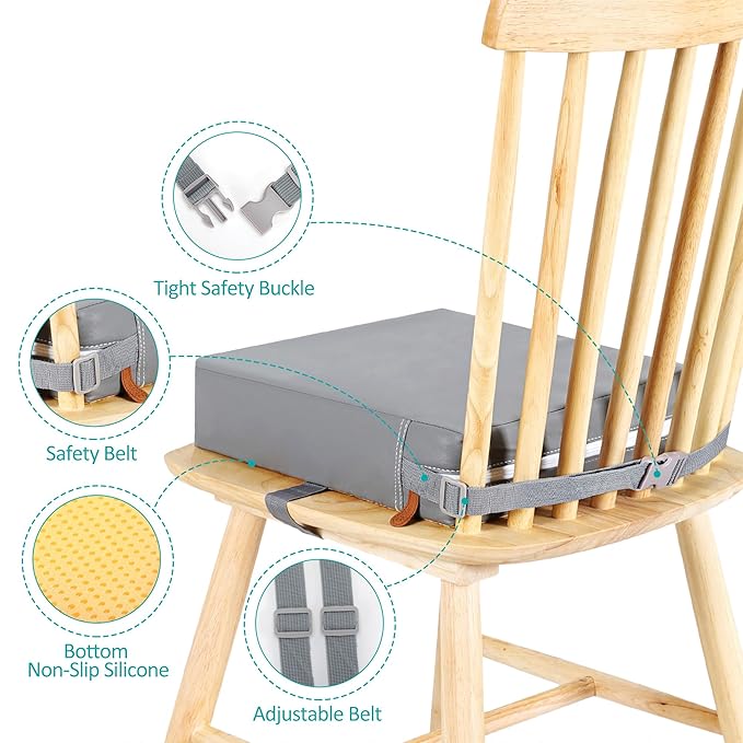 Toddler Booster Seat for Dining Table, Stronger Support Non-Slip Bottom Booster Seat for Kitchen Chair 2 Adjustable Straps Portable Travel and Home Increasing Booster Cushion Kid Baby(Grey)