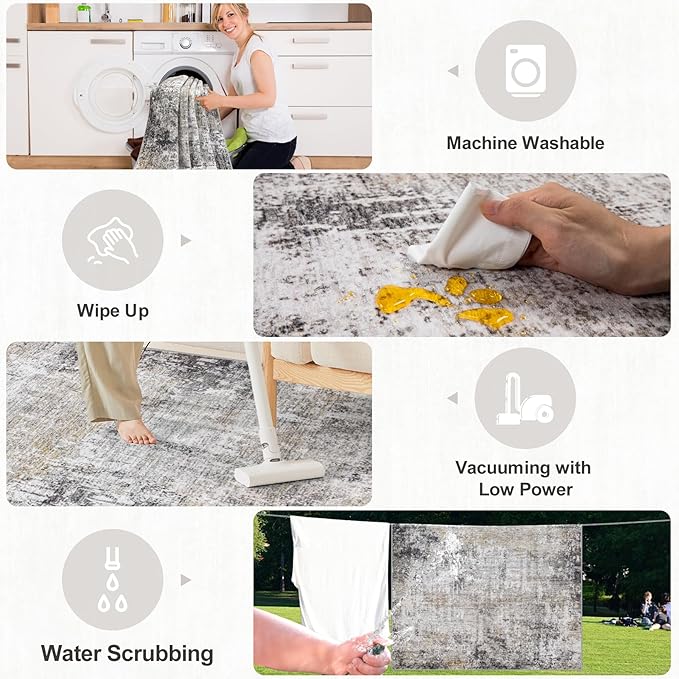 Area Rugs 10x14 Living Room - Washable Rug Modern Abstract Soft Large Neutral Non-Slip Carpet Indoor Floor Thin Carpets for Bedroom Dining Room Farmhouse Nursery Home Office Brown Black Grey