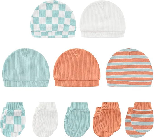 Baby Hat and Mittens Set Cotton Newborn Baby Hats Caps for Boys and Girls, 0-6 Months