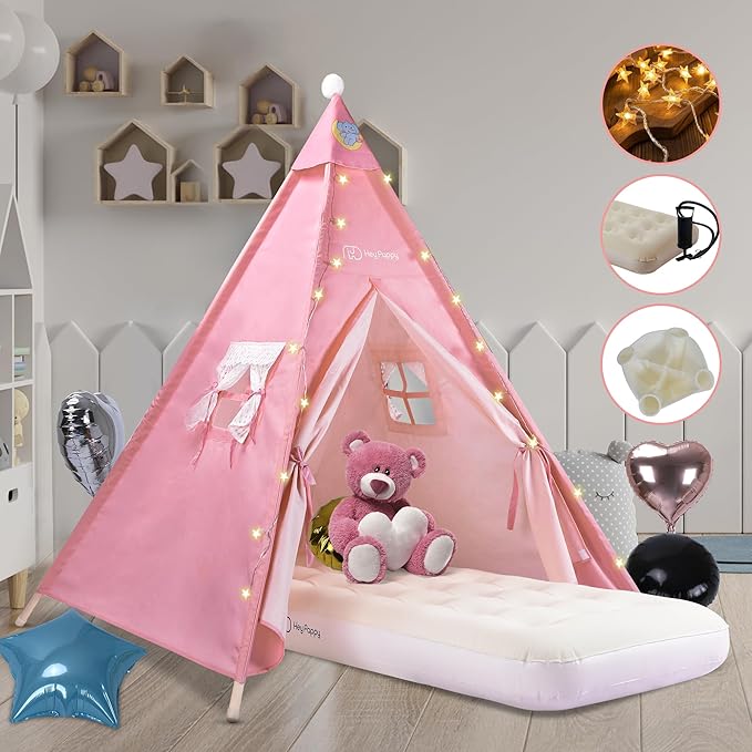 Teepee Tent for Kids with Inflatable Airbed, String Lights, Balloons, Pump, Washable Slumber Party Tent Indoor Outdoor for Girls Boys, Children Tipi Playhouse for Playtime and Sleepover
