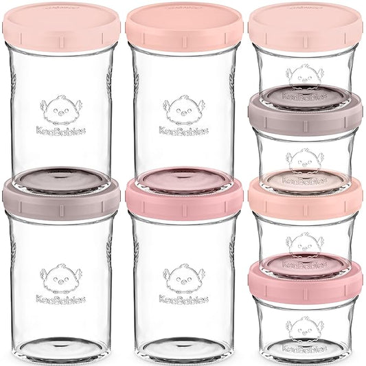 KeaBabies 4pk 8oz & 4pk 4oz Glass Baby Food Containers with Lids - Leak-Proof, Microwavable Small Glass Jars,Baby Purees & Toddler Snack Storage Containers,BPA-Free,Dishwasher & Freezer Safe(Roseate)