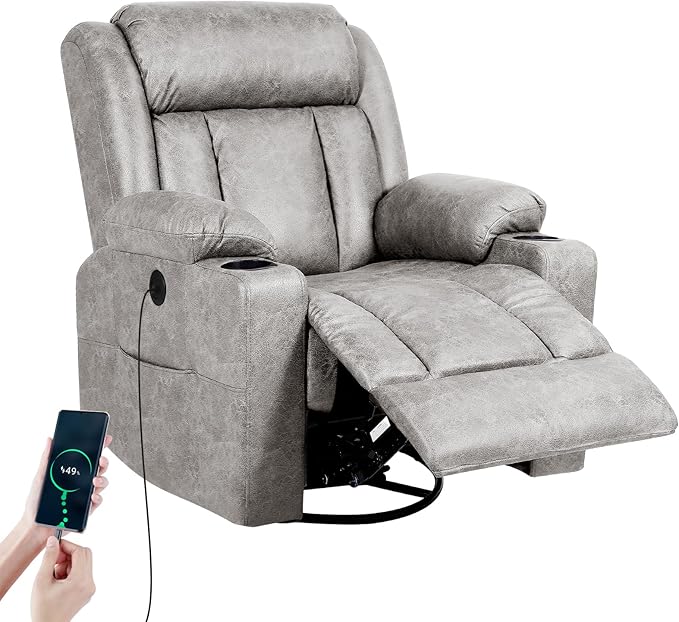 Retro Rocking Recliner Chair, Massage Rocker Recliner Chair with Vibration Massage and Heat, USB and Type-C Ports,360° Swivel Chairs, Living Room, Bedroom, Nursery, RV, Light Grey