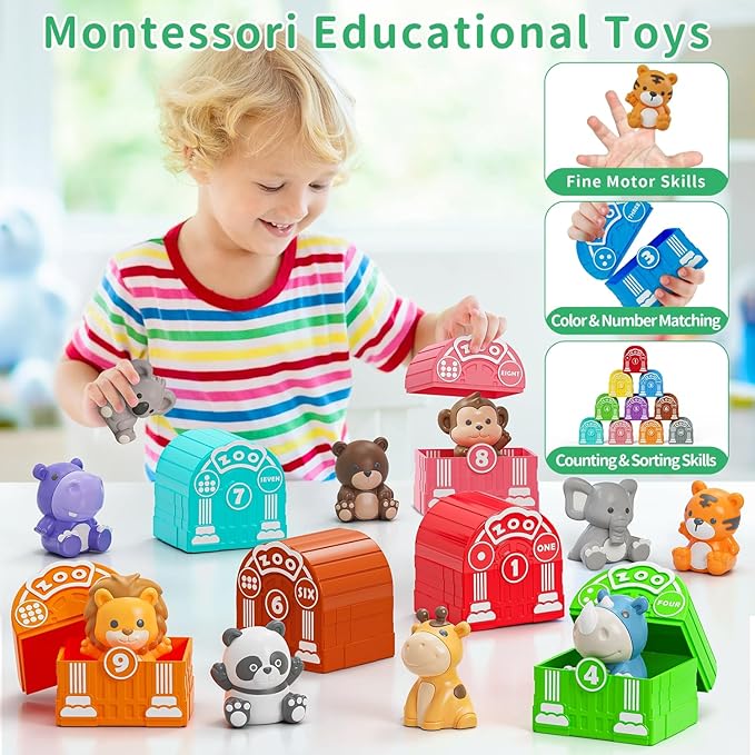 Learning Toy for Toddlers 1 2 3 Year Old, Montessori Educational Counting, Matching & Sorting Sensory Toys, 10 Safari Animals & 10 Zoos, Birthday Easter Gift for Baby Boy Girl Age 12-18 Months