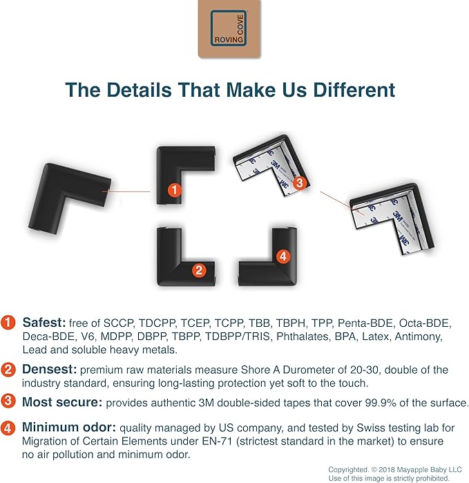 Roving Cove Slim-Fit Corner Protector for Baby Proofing (8 Small Corners), Soft Rubber Foam Furniture Corner Bumper Guards, 3M Adhesive Pre-Taped, Onyx Black