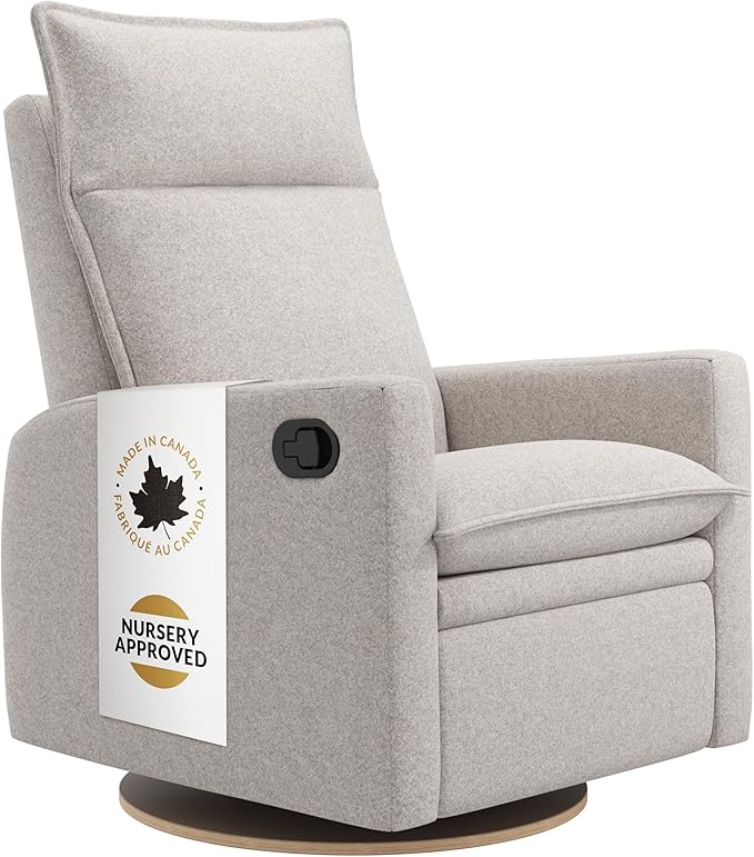 Arya Modern Nursery Glider Recliner Chair – Cozy Nursing Chair with 360° Swivel for New Parents, Gentle Motion, Compact Design, High Back & Low Armrests, Canadian Made (Heather Pearl/Arlo Fabric)