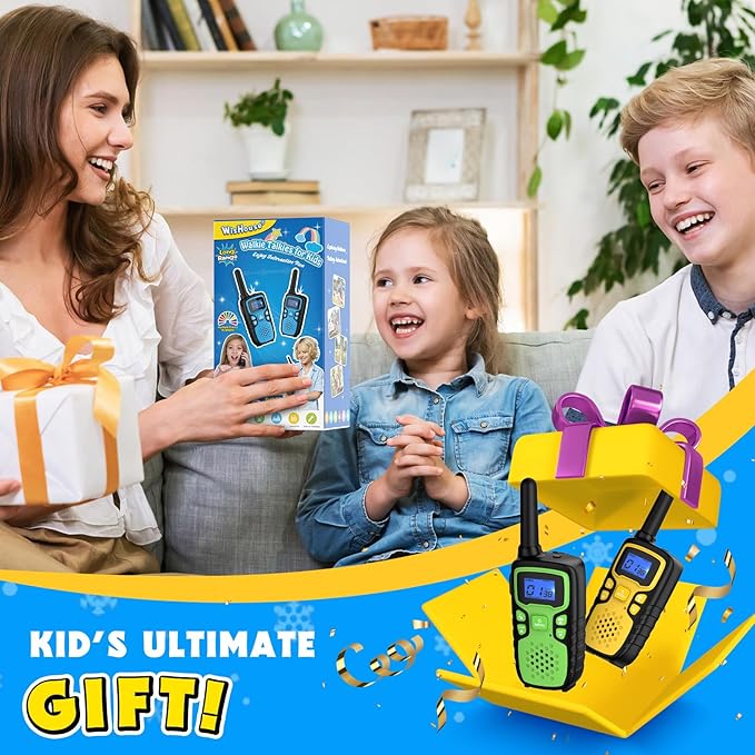 Wishouse Walkie Talkies for Kids Rechargeable Long Range,Xmas Birthday Gift for 4 5 6 7 8 9 Year Old Boy Girl,Hiking Gear Camping Games Cool Toys with NOAA,SOS Siren,Lamp,Lanyards,2 Pack Yellow Green